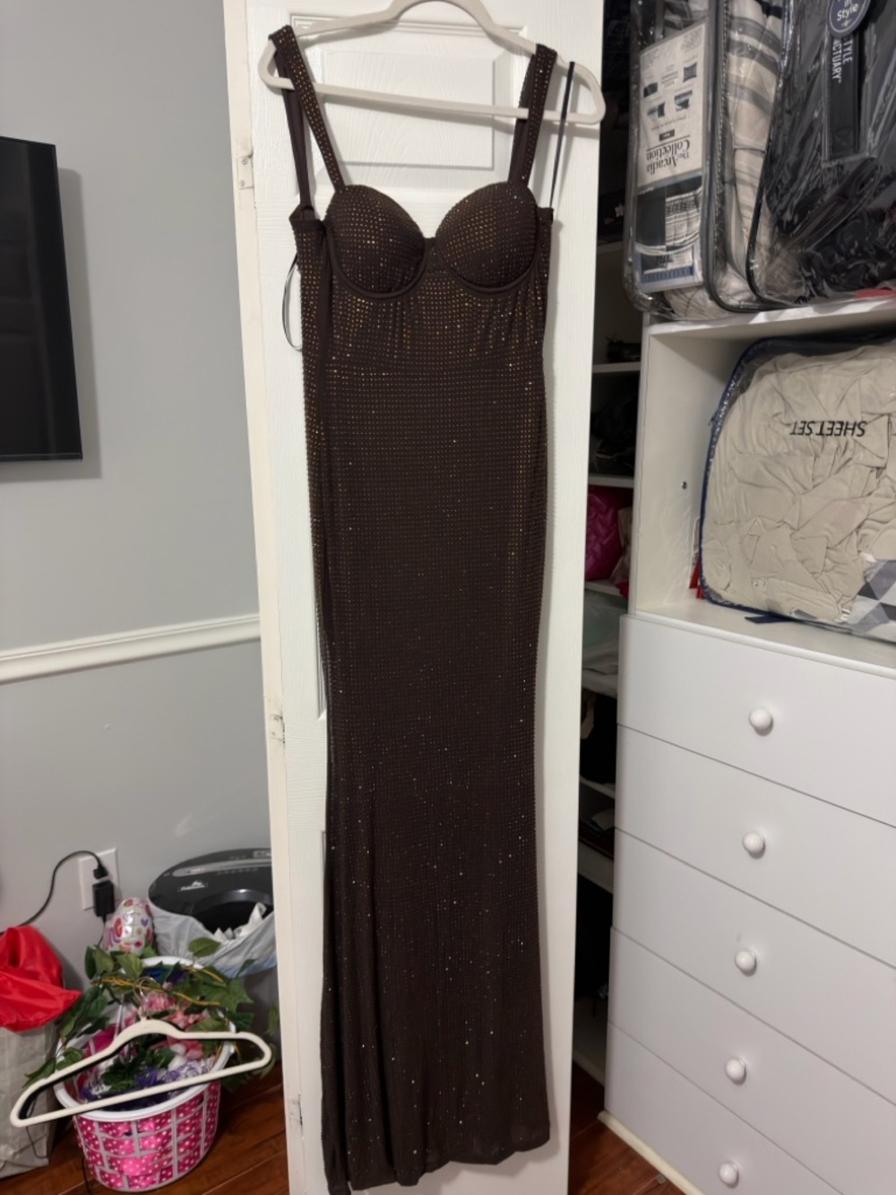 Windsor Brown Beaded Maxi Dress with Bustier Straps